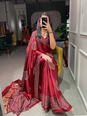 Red Traditional Satin With Foil Work For Women Saree With Blouse